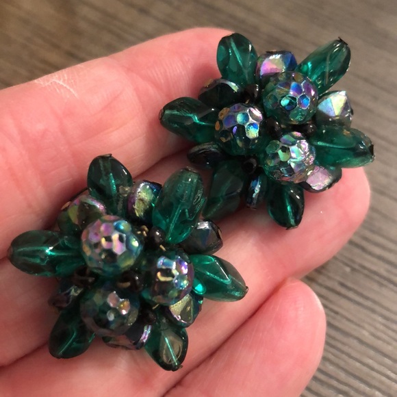 Vintage Clip Earrings Iridescent Glass Beads West Germany - Picture 2 of 12